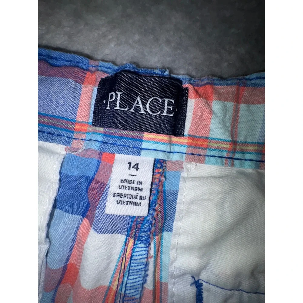 (CL) The‎ Childrens Place Boys Plaid Chino Shorts Blue Orange Size 14 Cotton